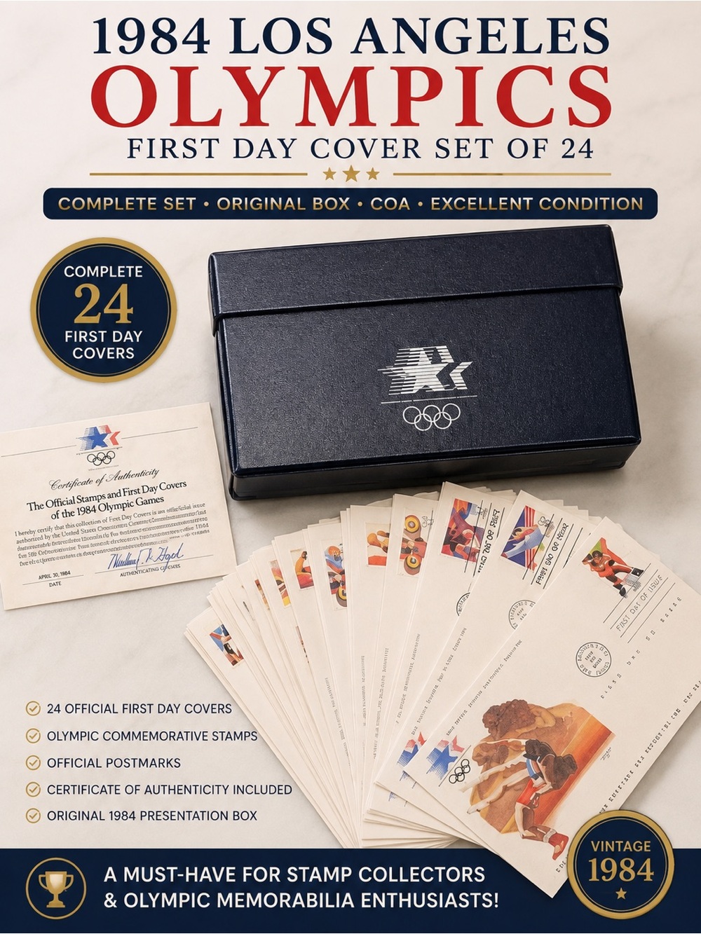 1984 LA Olympics First Day Covers 24 Stamp Set FDC COA Vintage